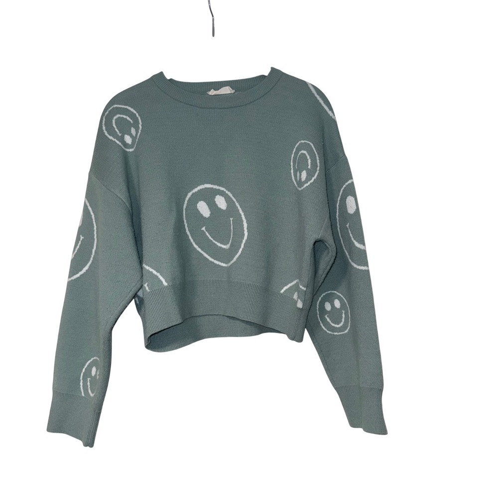 Altered State Smiley Face Cropped Sweater Womens Medium Sage Green Knit Pullover